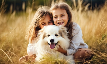 Two Girls and a Dog Enjoying a Peaceful Afternoon in a Serene Fieldの素材