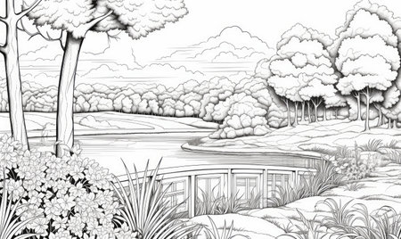 A Serene Monochrome Landscape Drawing in Black and Whiteの素材