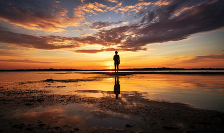 Standing Tall on Serene Shores: A Solitary Figure Embracing Nature's Beautyの素材