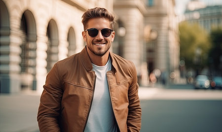 The Stylish Man in a Red Coat and Sunglasses Poses in Front of an Iconic Buildingの素材