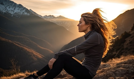 On Top of the World: A Serene Woman Absorbing the Majestic Sunset Viewの素材