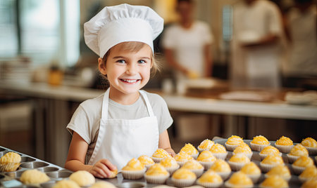 A Sweet Surprise: Little Girl Standing in Front of Tempting Cupcakesの素材