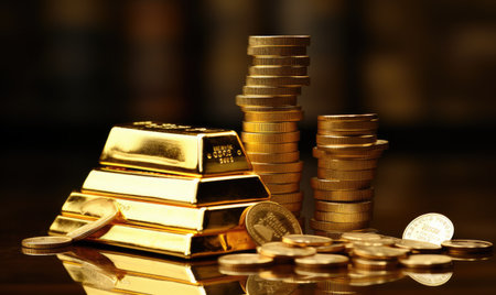 A Glittering Hoard: A Pile of Gold Coins Next to a Stack of Silver Coinsの素材