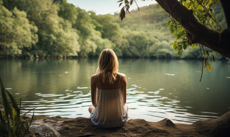 Serenity at the Shimmering Waters: A Woman Contemplating the Tranquil Beauty of a Scenic Lake Viewの素材