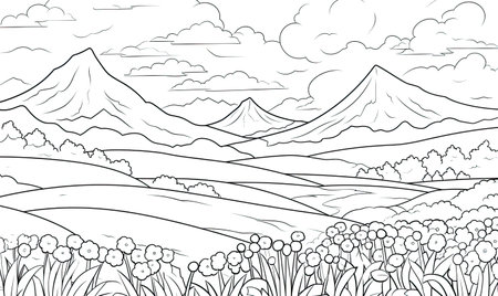 A Serene Monochrome Landscape with Majestic Mountains and Delicate Wildflowersの素材