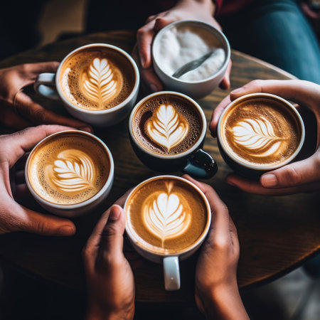 A group of people holding cups of coffeeの素材
