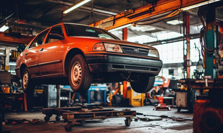 An orange car is on a lift in a garageの素材