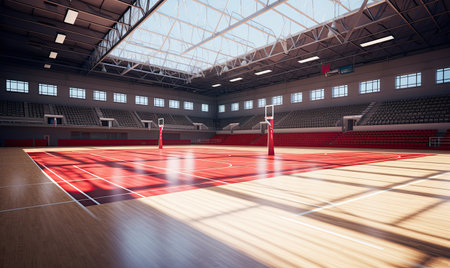 A large basketball court filled with players and spectators, located indoors within a building.の素材
