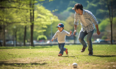 A father and his son enjoying a game of soccer together in a sunny park.の素材
