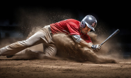 A baseball player slides into a base, gripping a bat and preparing to make a play.の素材