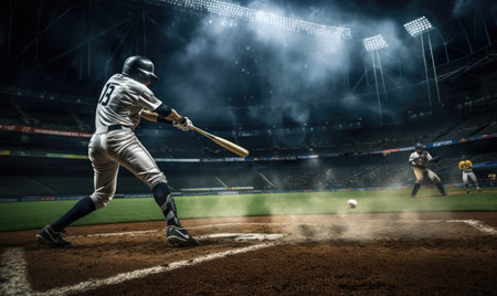 A baseball player is shown in action as he swings a bat at a ball on a baseball field.の素材