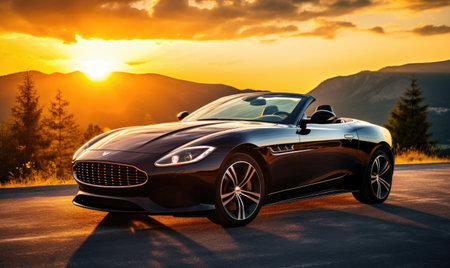 A black sports car parked on the side of a road, with no passengers present.の素材