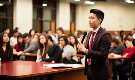 A man stands at a podium while delivering a speech to a gathered group of individuals.の素材