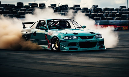 A blue car emitting smoke from its exhaust pipe while parked on the roadside.の素材