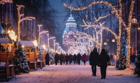 A group of individuals walking down a snow-covered street illuminated by festive Christmas lights.の素材