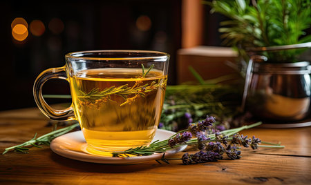 A cup filled with green tea and garnished with lavender sits on a plate.の素材