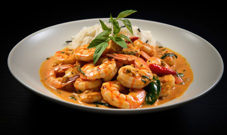 A close-up photo showcasing a white bowl filled with a delicious combination of shrimp and rice.の素材