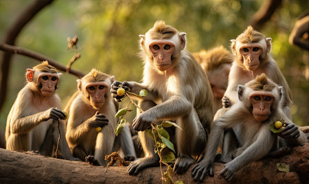 A group of monkeys relaxing and perching on top of a tree branch.の素材