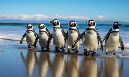 A group of penguins walking in unison along a sandy beach.の素材