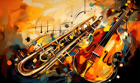 A realistic painting depicting a violin with intricate musical notes, showcasing the harmonious relationship between music and visual art.の素材