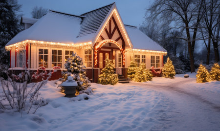 A house covered in an elaborate display of Christmas lights stands out against the snowy landscape.の素材