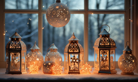A photo of a group of lanterns placed neatly on top of a window sill.の素材