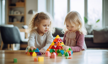 Two young girls engage in creative play, building structures with vibrant blocks on the floor.の素材