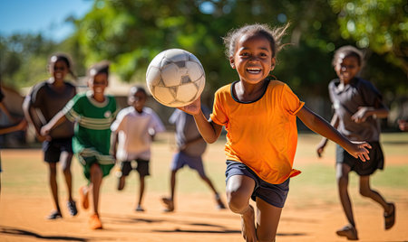 A lively group of young children playing an enthusiastic game of soccer, running, kicking, and passing the ball with excitement and determination.の素材