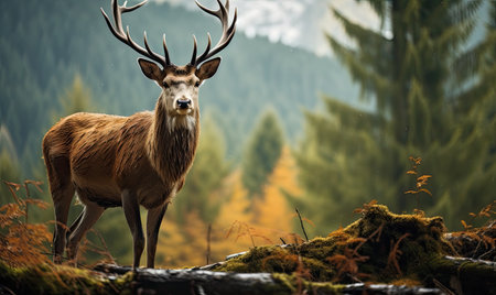 A deer stands confidently on the vibrant green canopy of a forest.の素材