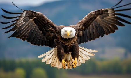 A bald eagle, the national bird of the United States, soars gracefully through the air with its wings fully extended.の素材