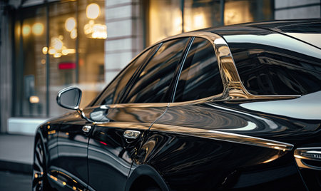 A black car is parked in front of a building, creating a simple and straightforward composition.の素材