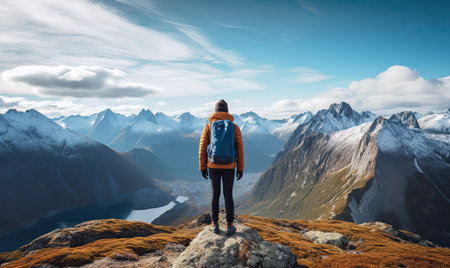 A person proudly stands atop a mountain, carrying a backpack.の素材