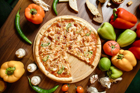 A delicious pizza rests on top of a sturdy wooden cutting board.