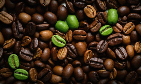 A pile of coffee beans and green coffee beansの素材
