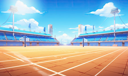 A tennis court with players engaging in a match against a backdrop of a clear blue sky.の素材