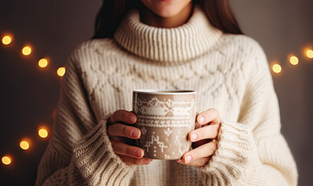 A woman holds a coffee cup in her hands.の素材