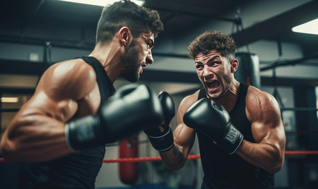 A photo of two men standing side by side in a boxing ring, preparing to engage in a boxing match.の素材