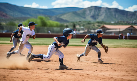 A group of young men actively participate in a game of baseball on a sunny day in an open field, wearing uniforms and swinging bats as they compete against each other.の素材