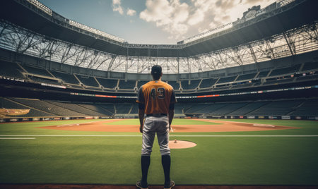 A professional baseball player stands confidently on a green baseball field, ready for the game ahead.の素材