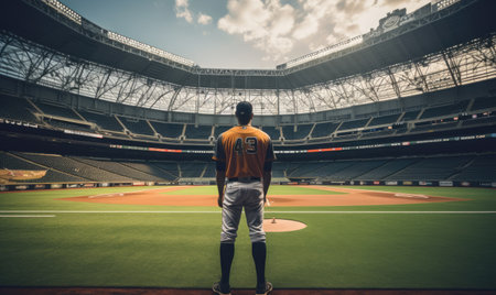 A professional baseball player stands confidently on a green baseball field, ready for the game ahead.