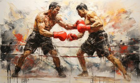 A painting depicting two men engaged in a physical altercation.の素材