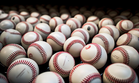 A collection of baseballs neatly arranged in a bin.の素材