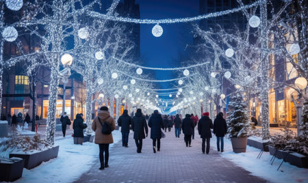 A group of individuals walking together down a street covered in a thick layer of snow.の素材