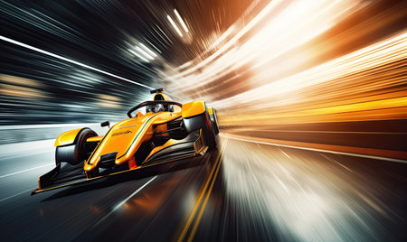 A vibrant yellow race car accelerates through a tunnel with high speed and intensity.の素材