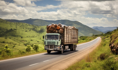 A green truck is seen driving down a quiet rural road surrounded by countryside.の素材