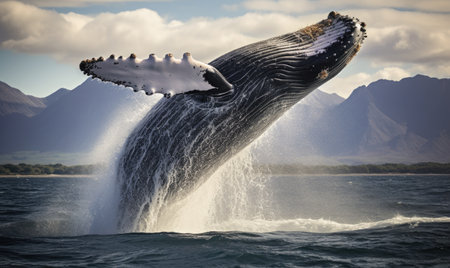 A powerful humpback whale leaps out of the water, showcasing its immense size and grace.の素材