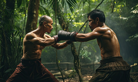 Two men engage in a fierce fight amidst the dense jungle vegetation.の素材