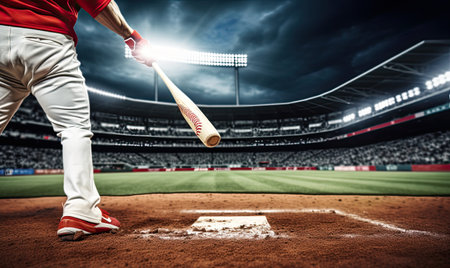 A baseball player stands on top of a field, gripping a bat.の素材