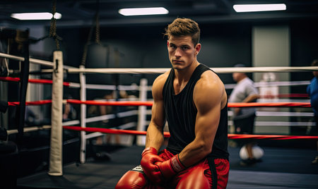 A man wearing red boxing gloves sits in a boxing ring.の素材