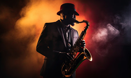 A skilled man dressed in a suit and hat passionately plays the saxophone.の素材